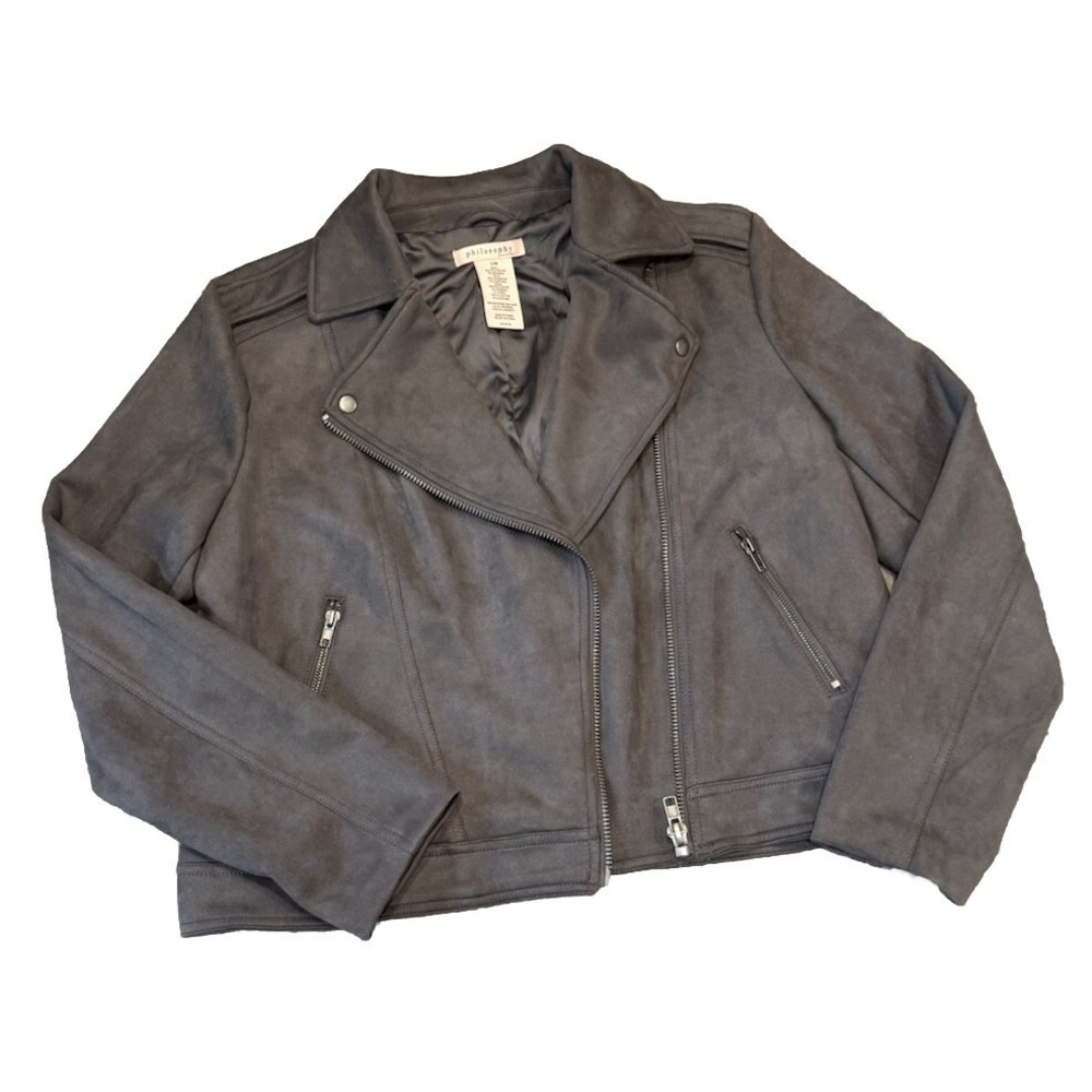Philosophy Jacket Womens Large Gray Simulated Suede Asymetrical Zipper Snap Moto